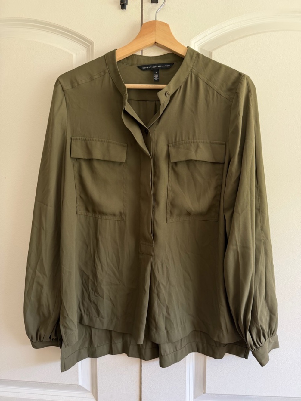 White House Black Market Olive Pocket Blouse Career Top